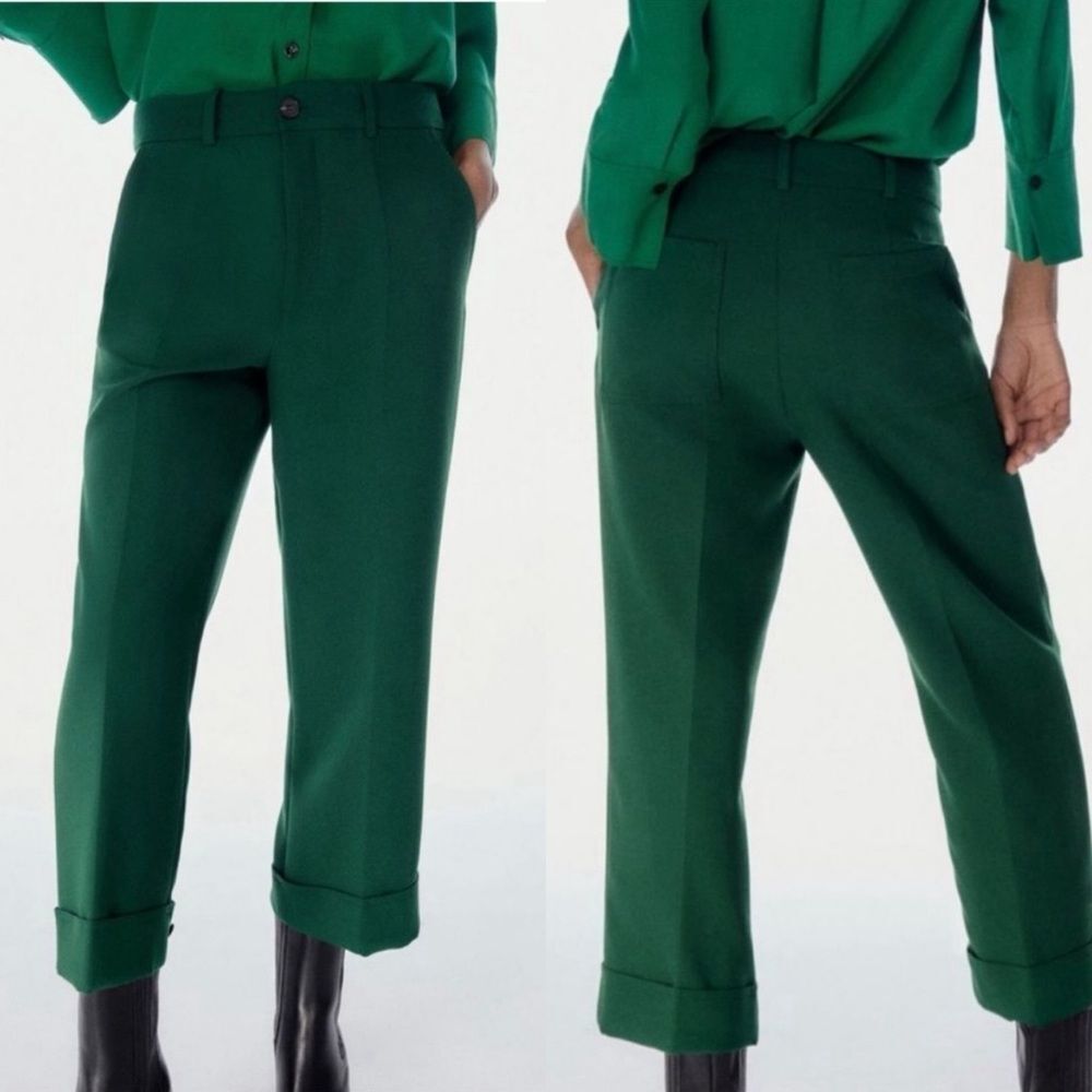 ZARA Wide Leg Cropped Cuffed Trouser Pants in Emerald Green size Small